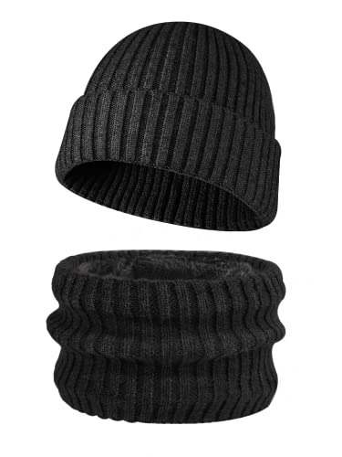 TODREMOU Winter Mütze und Schal Kinder Set für Jungen von 3-8 Jahren, Beanie Kinder Jungen und Loop Schal Set, Strickstoff, Fleece Gefütterte, Weiche Wärme(Schwarz) Cover