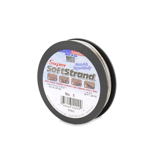 Image of Super Softstrand Heavy Duty Picture Hanging Wire #5 for Large Frames & Mirrors, Low Stretch Stainless Steel Wire, 43 lb Capacity, 100 lb Break Strength, 80 Ft
