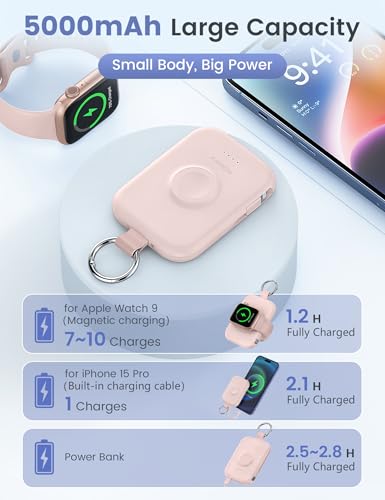 Image of RORRY CharmGo Portable Charger, 5000mAh Portable Charger Power Bank with Built-in Cables, Travel Keychain Battery Pack for Apple Watch and iPhone Air /17 /16 /15 /14 /13 /12, Pink
