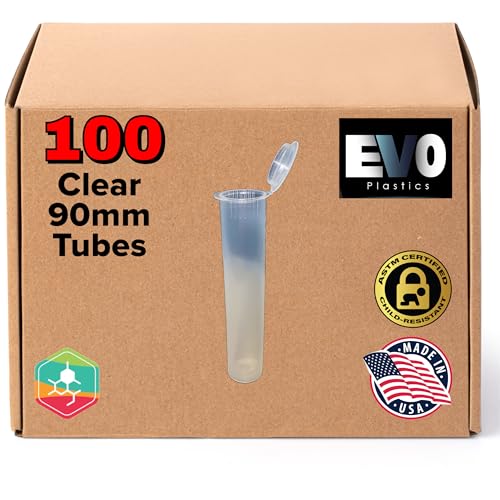Evo Plastics Clear 90mm Open Cap Pop Top Tubes, Airtight Plastic Medical Grade Prescription Bottles, USA Made, BPA Free, Biocompatible
