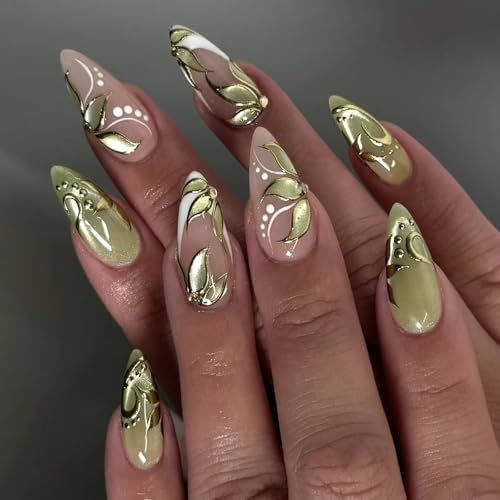CUZIAM Gold Green Press on Nails Long AlmondHandmade 3D Sage Green Cat Eye Flower Fake False Nails Spring Stick on Nails Sparkle Magnetic Design St. Patricks Day Press ons with Glue for Women 30pcs