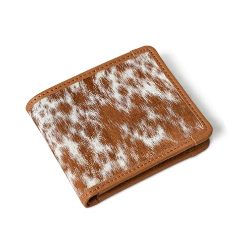 Genuine Cowhide Leather Bifold Wallet for Men – Handmade, RFID Blocking, 8 Card Slots, Slim Minimalist Western Wallet with Money Clip – Brown & White3