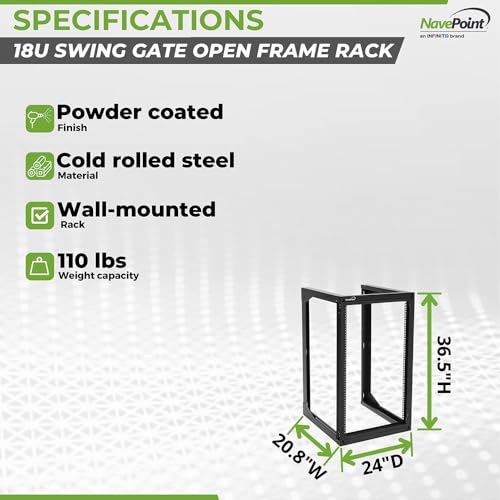 Image of NavePoint 18U Server Rack with Swing Gate - Wall Mount Rack for 19 Inch IT & AV Equipment - 24' Deep, Black