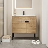 SSLine 2-in-1 Wall Mounted & Free Standing Bathroom Vanity with Sink Modern 36' Bathroom Vanity with Top Basin&Storage Cabinet Brown Oak Wood Bath Vanity w/Ceramic Sink for Small Space-Legs Removable