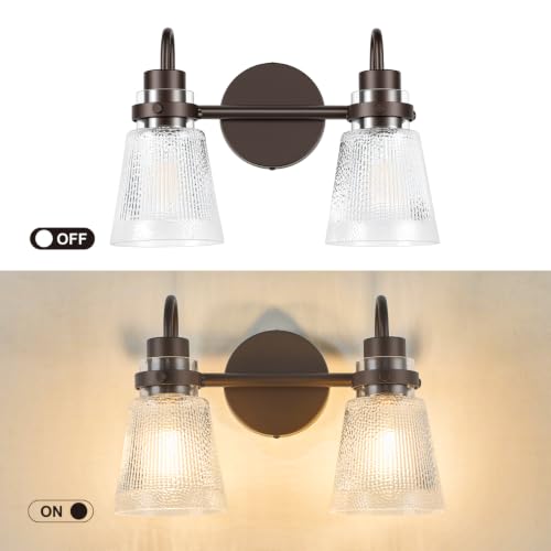 Image of 2-Light Bathroom Vanity Light, 13.8 Inch Farmhouse Bathroom Light Fixtures with Clear Striped Glass Shade, Oil Rubbed Bronze Wall Sconce Lighting Over Mirror for Bedroom Hallway Cabinet
