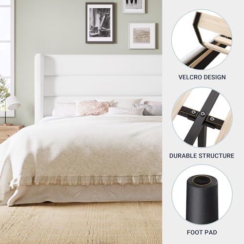 Image of Allewie Full Size Platform Bed Frame with Velvet Upholstered Wingback Headboard, No Box Spring Needed, Under Bed Storage Space, Strong Wooden Slats, Modern Mattress Foundation, Easy Assembly, White