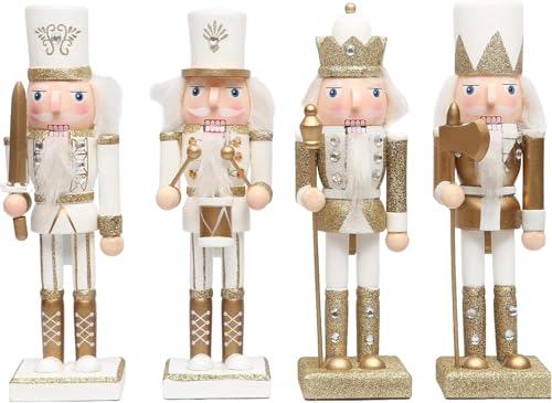 Image of SHATCHI 25cm Gold/White Wooden Christmas Nutcrackers - 4pcs Set - Soldiers King Drummer Puppet Figurines Home Decoration Ornament