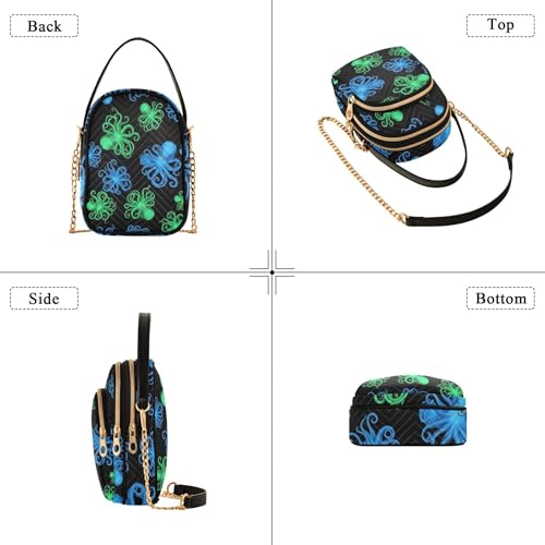 Vibrant Blue Green Octopuses Shoulder Handbags for Women Chain Wallet Cell Phone Purse Floral Print Ladies Tote Crossbody Satchel, 5.9" × 8.3" × 3.1"4