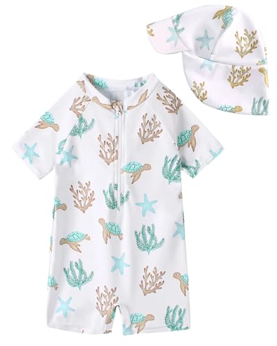 WYTbaby Traje de baño para bebé, ropa UV de una pieza, manga corta, ropa protectora UV para bebé niño con sombrero para el sol, Tortuga blanca, 1 2 Años