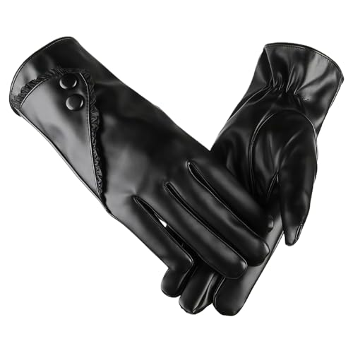 QIANSSE Black Leather Gloves for Women Waterproof Thermal Lined PU Leather Driving Gloves with Touchscreen Fashionable Winter Gloves Ideal as Gifts for Women & Mothers