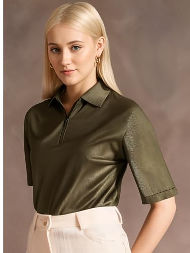Image of Mack Jonney Ribbed |Regular Fit | Half Sleeves 100% Cotton Polo Neck Self Design with Zip T-Shirt for Women-M950