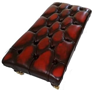Beaumont Heritage Chesterfield Table Footstool | Antique Oxblood 100% Genuine Leather Ottoman | Handmade in the UK | Deep Button Tufted Top with Mahogany Legs, Brass Castors & Vintage Design