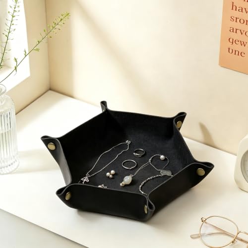 Image of boshiho Valet Tray for Men, Leather Jewelry Catchall Key Phone Coin Box Change Caddy Bedside Storage Box (Jet Black)