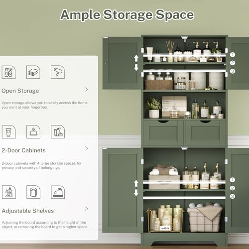 Image of TEENFON 57.8 inch H Tall Bathroom Storage Cabinet with 2 Drawers & 2 Adjustable Shelves, Floor Cabinet with 4 Doors, Tall Cabinet for Living Room, Dining Room, Entryway, Forest Green