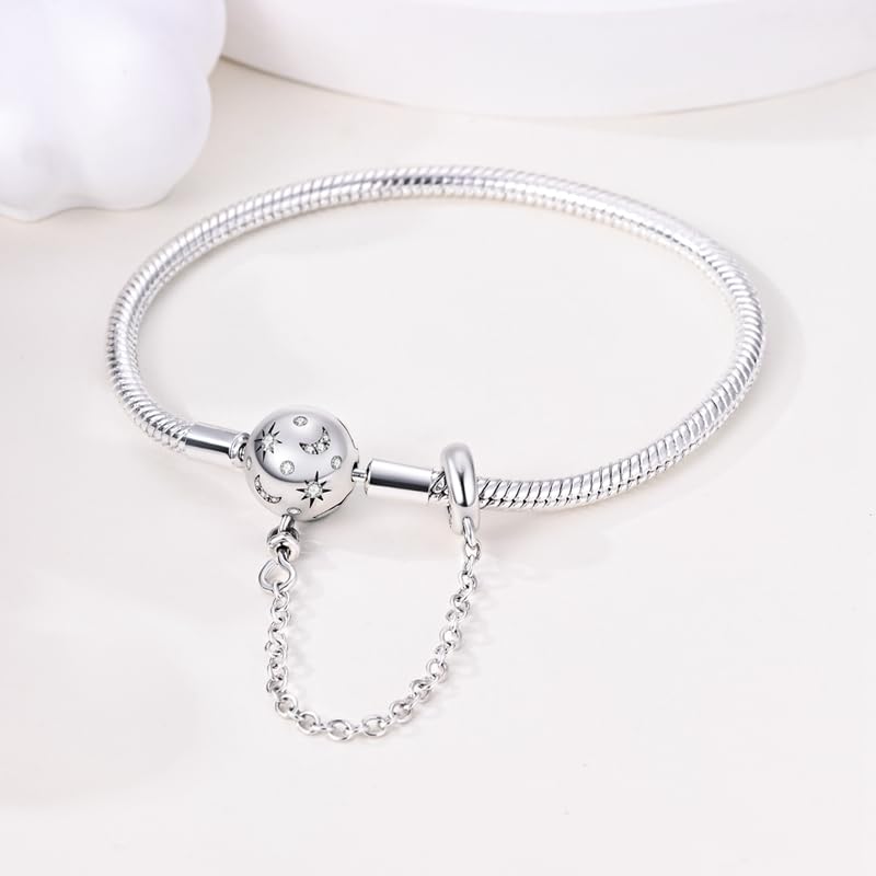 Image of 925 Sterling Silver Snake Chain Bracelets Fit Pandora Charms,Heart Clasp Bracelets Perfect For Any Glamour Gift for Women with 5 A Cubic Zirconia