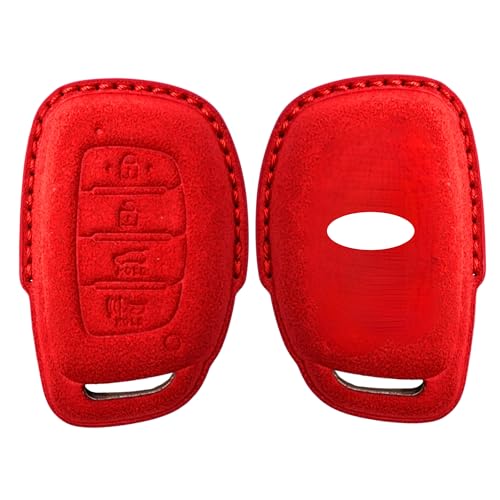 Image of KMH Alcantara Car Key Cover Compatible with Hyundai Alcazar Creta 2022 Venue i20 Tucson Elantra Smart keycover with Keychain 4 Button Shell Case Key Protector Smart Keycover (D2) Red - Pack of 1
