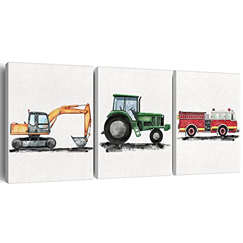 Dolimifa Construction Vehicle Wall Art Decor Set Of 3 Watercolor Truck Canvas Painting Pictures Framed Fire Truck Dump Truck Canvas Prints Ready To Hang For Home Nursery Decor cover