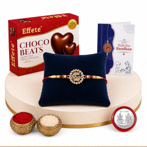 Image of DeoDap Bhai Rakhi for Brother with Effete Choco Beats Heart-Shaped Chocolates, Golden-Toned Centrepiece, Roli Chawal, Shagun Coin and Greeting Card