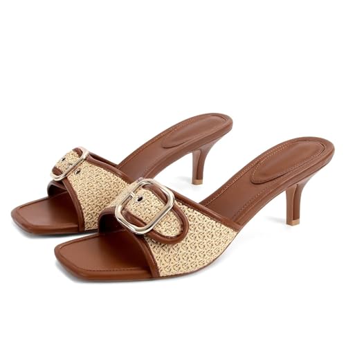 Image of Dsevht Black Kitten Heel Sandals Stiletto Low Heels Slip On Slides Mule Sandal Square Open Toe Dress Shoes for Women