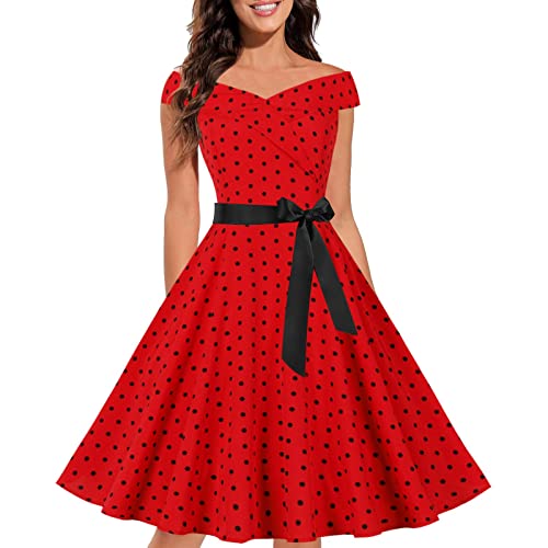 Generic Cocktailkleid Damen 50S Vintage Rockabilly Hepburn Stil Partykleid Polka Dot Drucken V-Ausschnitt Faltenrock Petticoat Cocktail Festliche Kleider Knielang A-Line Petticoat(A Rot,M)