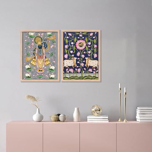 Image of kotart Traditional Indian Wall Art Painting Set of 2 | Kamdhenu Cow Design | MDF Wooden Framed Spiritual Wall Decor for Living Room, Pooja Room & Home (Art 7, 13x17 inch)