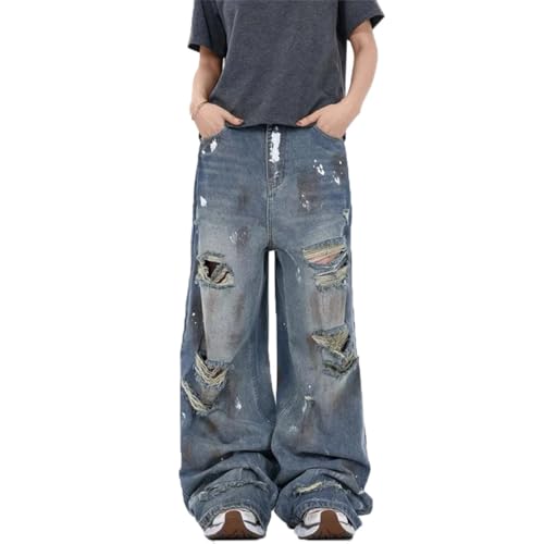Men's High-Waisted Blue Jeans, Y2K Streetwear Style, Wide Leg, Ripped Denim Pants for Fall