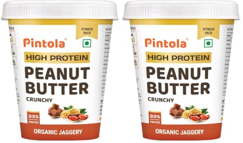 Image of Pintola HIGH Protein ORGANIC JAGGERY Peanut Butter Crunchy 1kg with 33g Protein & 7g Fiber, Whey Protein Peanut Butter, Gluten Free, Zero Added Salt, Cholesterol Free, 100% Roasted Peanuts (Pack of 2)