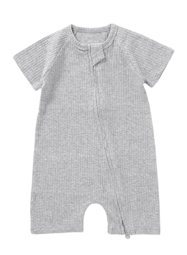 [Libaby] ベビー ロンパース ジップロンパース べビー服 ファスナー 半袖 ジップ 新生児 カバーオール 夏用 コットン 綿 (グレー, 80)