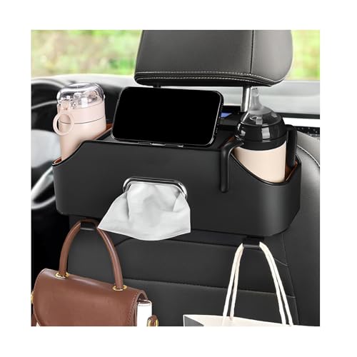 NYTKL Car Seat Back Organizer with 2 Drink Cup Holder Headrest Rear Seat Storage Organizer with Tissue Box and Hook Multi-Functional Backseat Hanging Storage Box for Kids Travel (Black)
