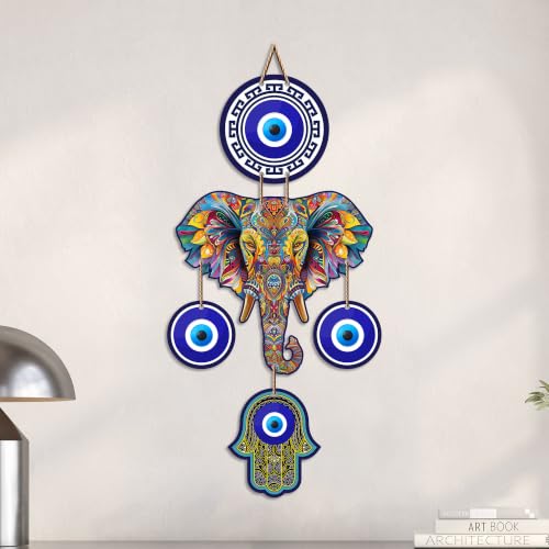 Image of Artvibes Elephant Family Evil Eye Wall Hanging for Home Entrance | Nazar Battu MDF Wall Decor | Positive Energy Vastu Art for Living Room | Hallway | Office & Main Door | Gift Item (WH 8549N)