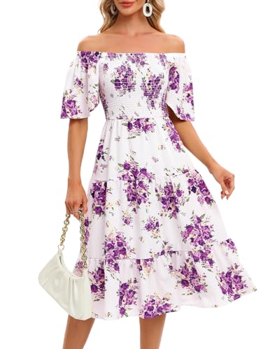 Image of Bbonlinedress Womens Casual Floral Summer Smocked Beach Party Boho Midi Square Neck Dress