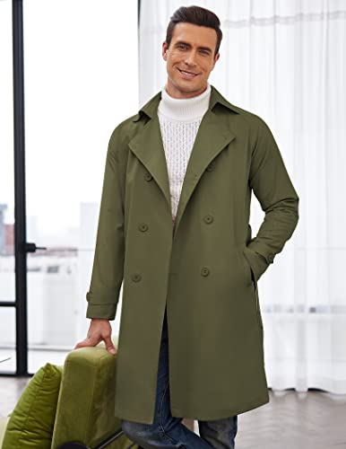 Coofandy Men Double Breasted Trench Coats Slim Fit Overcoat Long Jacket(Green,L) #TOP2