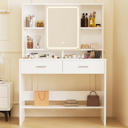 Airfish Schminktisch mit LED Beleuchtung Spiegel, Verstellbar Helligkeitsgeregeltem, Frisiertisch...