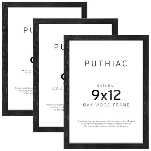 puthiac 9x12 Oak Wood Picture Frams - Minimalist 9x12 Oak Wood Frames, 9"x12" Picture Frame Wood, Natural Solid Wooden Picture Frames for Wall Art Photo and Prints(3 Pack, Black)