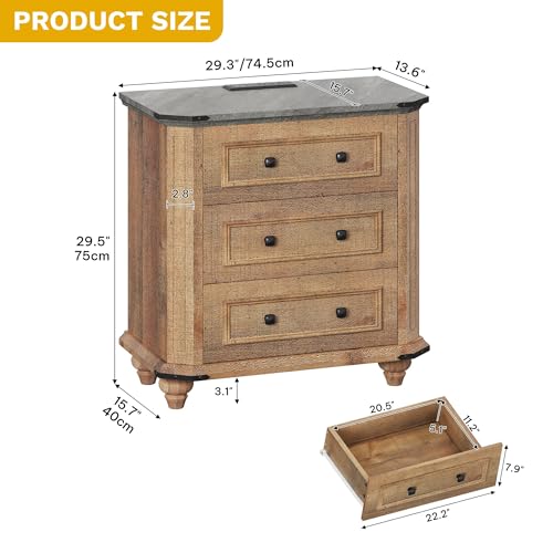 DWVO Nightstand Set of 2 with Charging Station, Farmhouse Bedside Table with 3 Drawers, Wood Night Stand w/Storage, Rustic Bed Side End Table for Bedroom Dorm Small Space, Brown