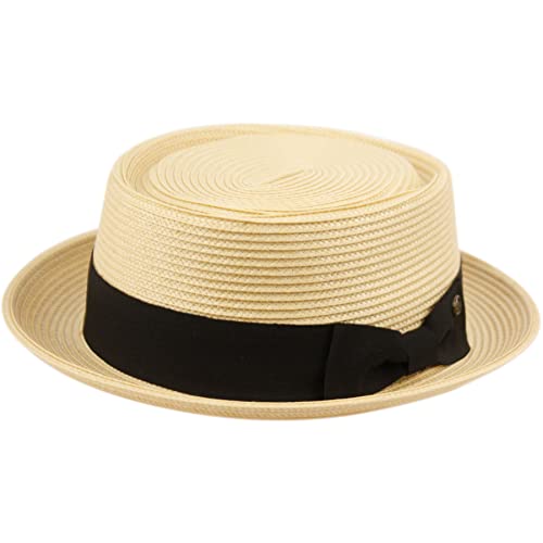 Image of Men's Fancy Summer Straw Pork Pie Derby Fedora Upturn Brim Hat