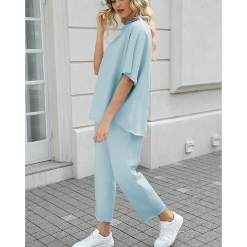 Image of SeeLuNa Women's Two Piece Outfits 3 /4 Batwing Sleeve Capelet Crew Neck Pullover Top Wide Leg Pants Lounge Set