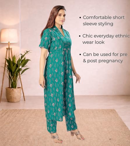Image of Momenta Women's Pure Cotton Maternity Kurta Set | Feeding Kurti with Concealed Zippers | Maternity Dress for Pre & Post Pregnancy