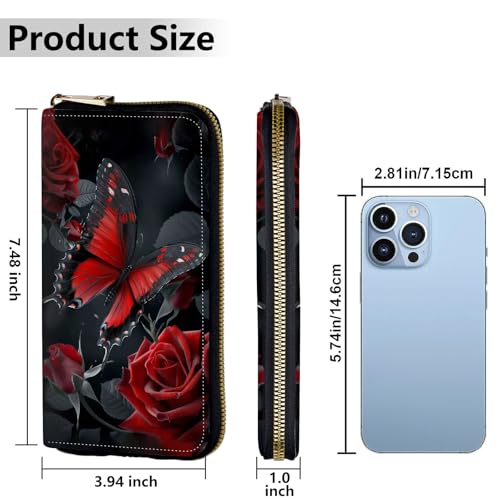 Women's Wallets,Credit Card Holder Money Leather Long Wallet with Wristlet,Large Capacity with Zip-Around Phone Purse for Women Ladies Girls,Red Butterfly Rose3