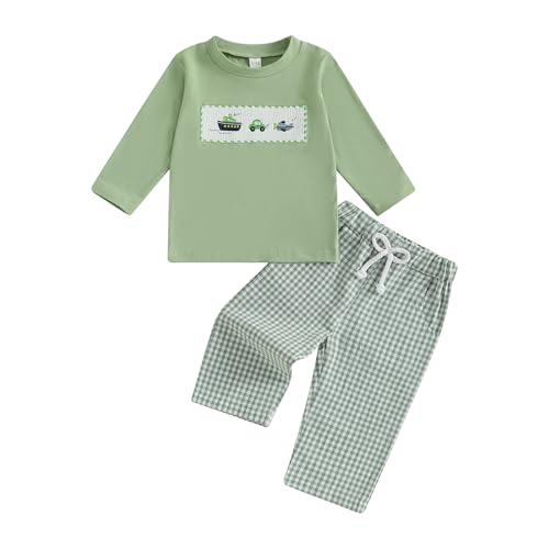 Sasaerucure Toddler Infant Baby Boy Fall Outfit Helicopter Ship Smocked Long Sleeve Shirt and Plaid Pants Vehicle Clothes Set