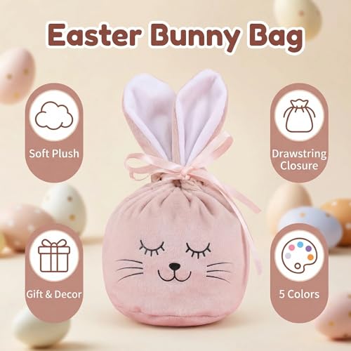 Ostertasche 5 Stück aus Samt mit Ohren, Wiederverwendbare Osterbeutel & Osternester zum Befüllen, Osterkörbchen im Hasen-Design als Alternatives Osternest