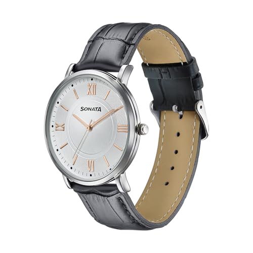 Image of Sonata Verve Quartz Analog with Silver Dial Black Geniune Leather Strap Watch for Men - 77189SL01