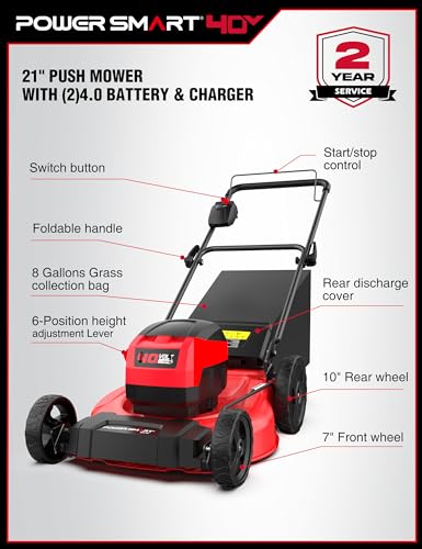 Image of PowerSmart 40V 21 inch Cordless Lawn Mower, Up to 1 /4 Acre, 2 x 40V 4.0Ah Batteries and a Charger Included, 6-Position Height Adjustment