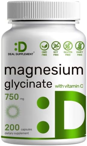 Magnesium Glycinate 750mg Plus Vitamin C, 2-1 Formula, 200 Capsules | 100% Chelated | Supports Muscle, Healthy Mood & Heart- Extra Strength Magnesium Supplement