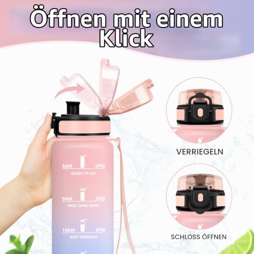 KollyKolla Sportflasche 1L, Trinkflasche mit Zeitmarkierung und Filter, Trinkflasche Kohlensäure Geeignet, Auslaufsicher… – Ansicht 3