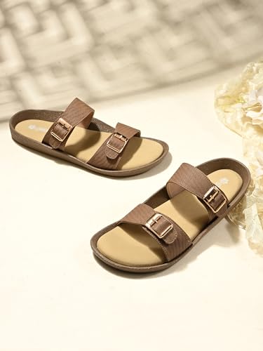 Image of Women Denim Double Strap Buckle Slides | Comfortable Casual Flat Slippers for Women | Lightweight Open Toe Slip-On Sandals Everyday Wear
