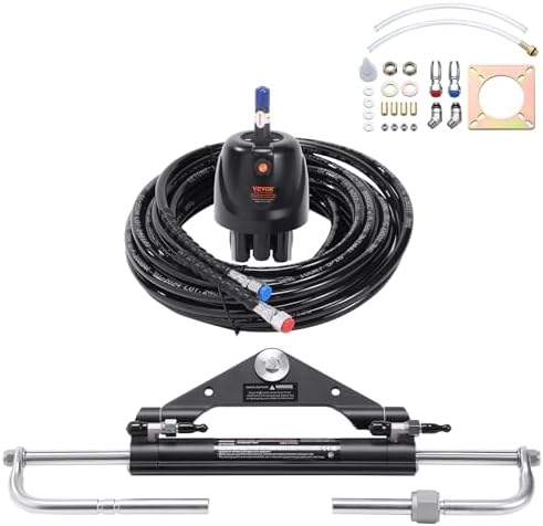 VEVOR Hydraulic Steering System Kit, 150HP, Marine Hydraulic Steering Kit, with 26 ft Hoses, Two-Way Lock Cylinder, Relief Valve, Air Pocket, Aluminum Alloy Housing, for Outboard-Powered Vessels Boats