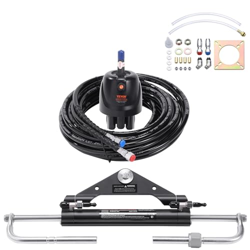 VEVOR Hydraulic Steering System Kit, 150HP, Marine Hydraulic Steering Kit, with 26 ft Hoses, Two-Way Lock Cylinder, Relief Valve, Air Pocket, Aluminum Alloy Housing, for Outboard-Powered Vessels Boats