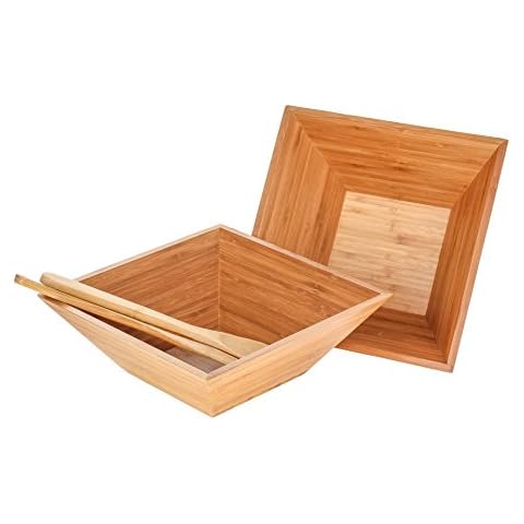 Heim Concept Bamboo Salad Bowl 4 PC Set w/Serving Hands, 2 square bowls & pair salad servers Eco-Friendly BPA Free Cover