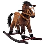 Qaba Kids Wooden Plush Ride-On Rocking Horse Chair Toy with Realistic Sounds Dark Brown/White